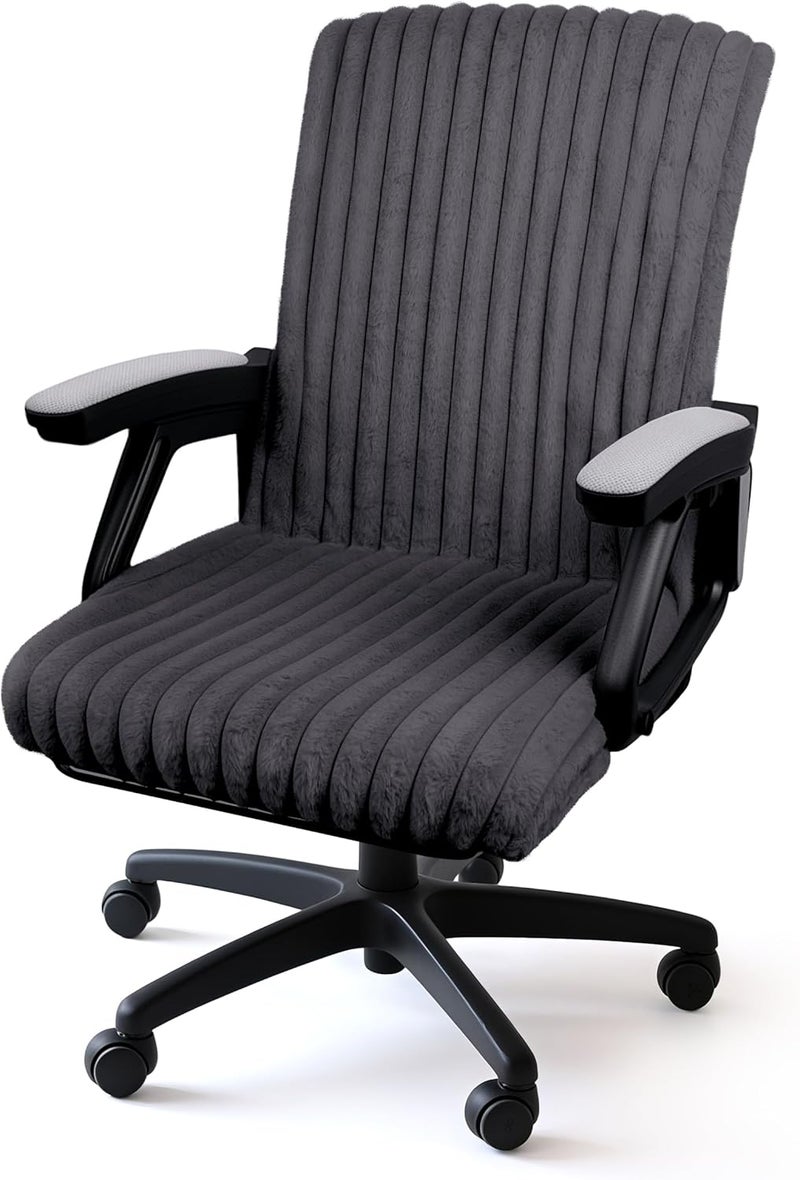 AELS Faux Fur Striped Office Chair Cover, Desk Chair Cover Computer Office Chair Covers - Fits Desk Chair/Armchair, Soft Breathable Fabric - Washable & Removable for Home & Office, Dark Gray - Image 1